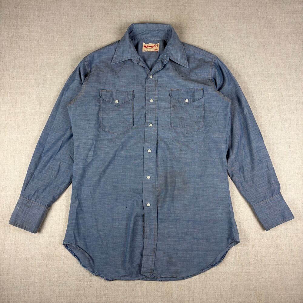 Vintage Wrangler Sanforized Pearl Snap XLong Tail Sz 15-33 Western Chambray
